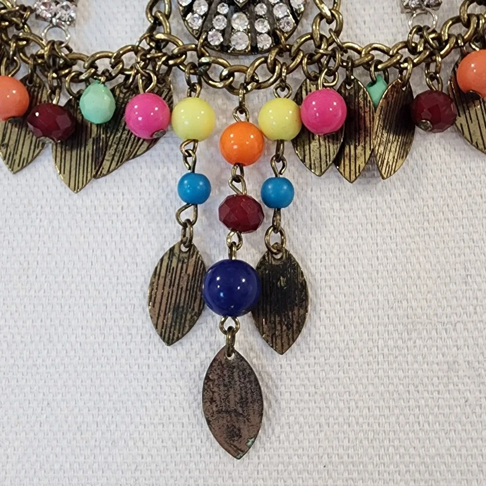 Bohemian Antique Brass‎ Statement Bib Necklace Rhinestone Multicolor Bead Leaf